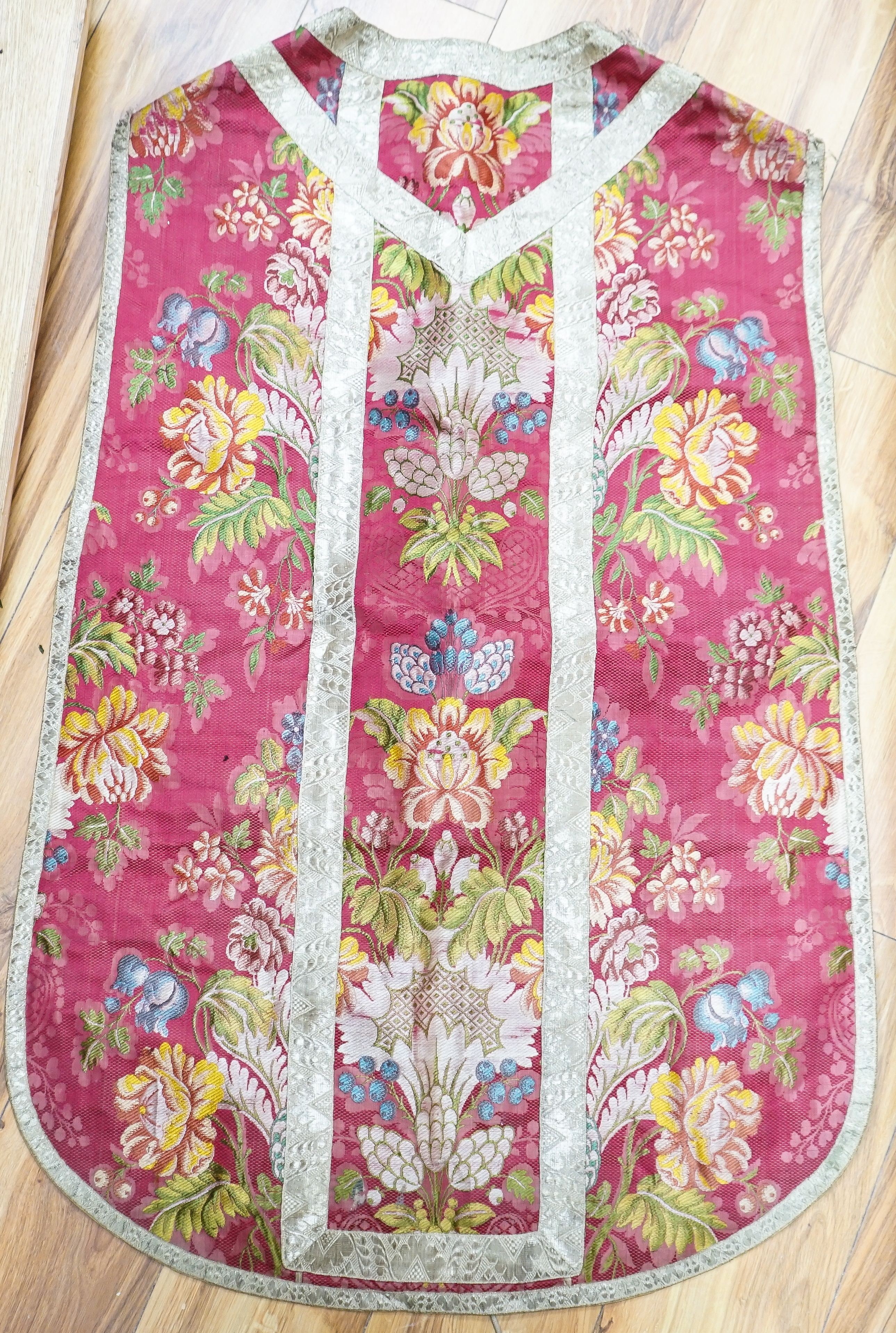 A woven silk ecclesiastical cope vestment and a pink silk shawl (2)